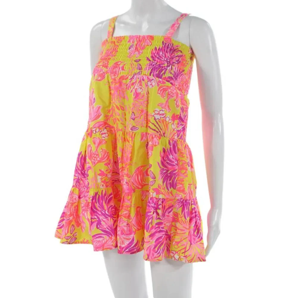 Lilly Pulitzer Girls Yellow Cotton Sundress Square Neck Short Size L
